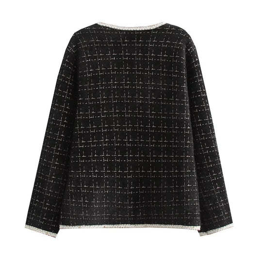 Damen Strukturierte Bouclé-Jacke mit dekorativen Perlen und Taschen EB