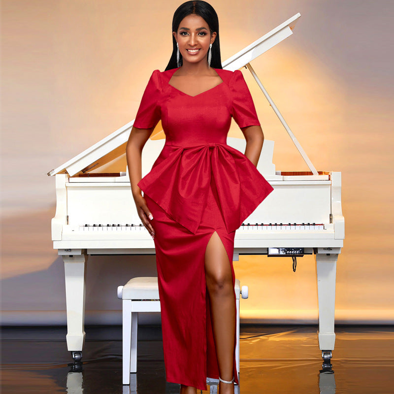 Damen Maxikleid mit eleganter Drapierung und voluminösem Rock EB