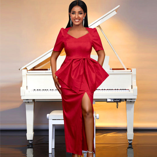 Damen Maxikleid mit eleganter Drapierung und voluminösem Rock EB