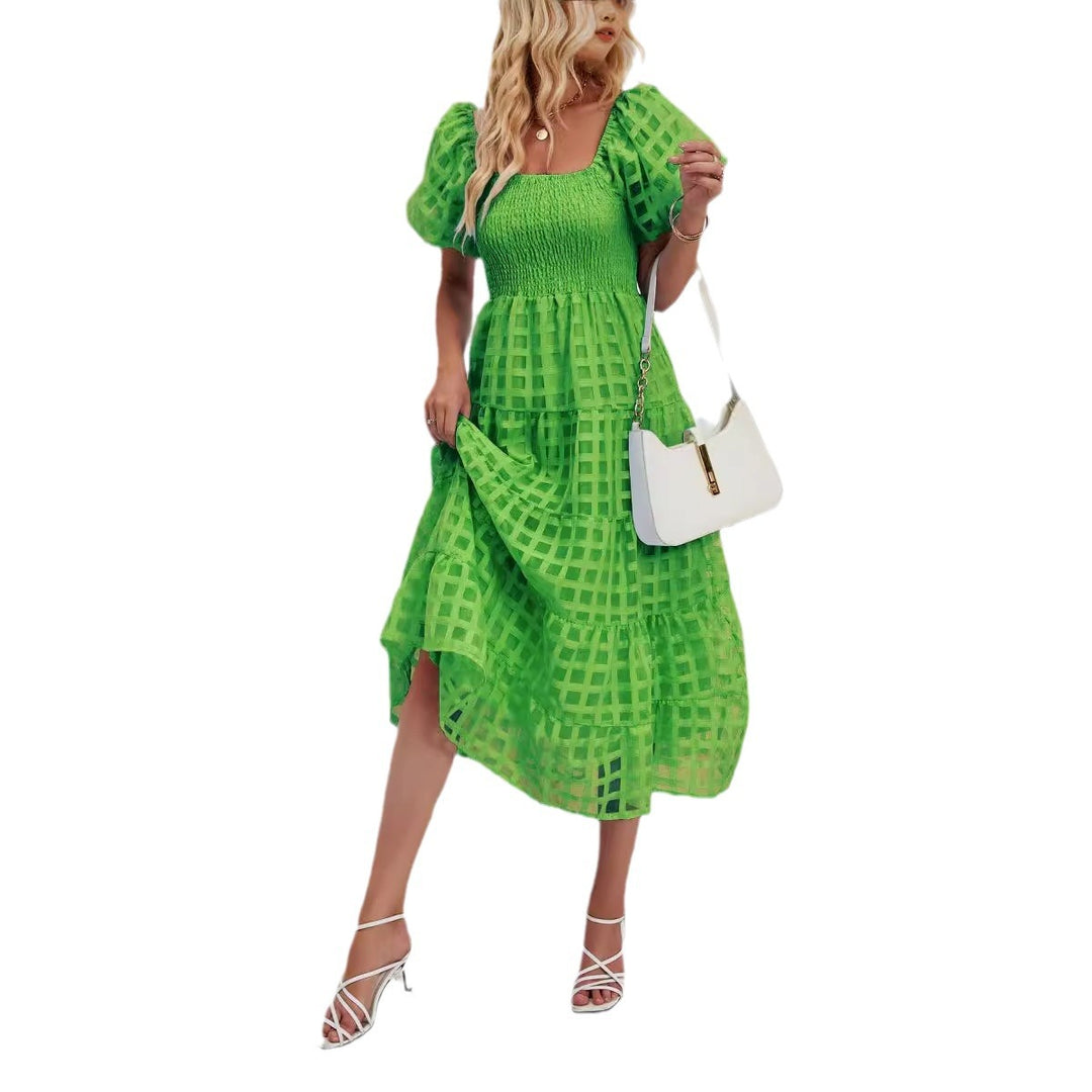 Damen Midi-Kleid mit Puffärmeln und elastischem Taillengürtel EB