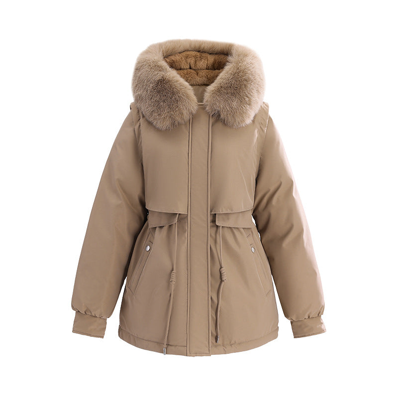 Damen nan kurzer urbaner Thermoparka mit luxuriösem abnehmbarem Pelzkragen und multifunktionalen Taschen EB