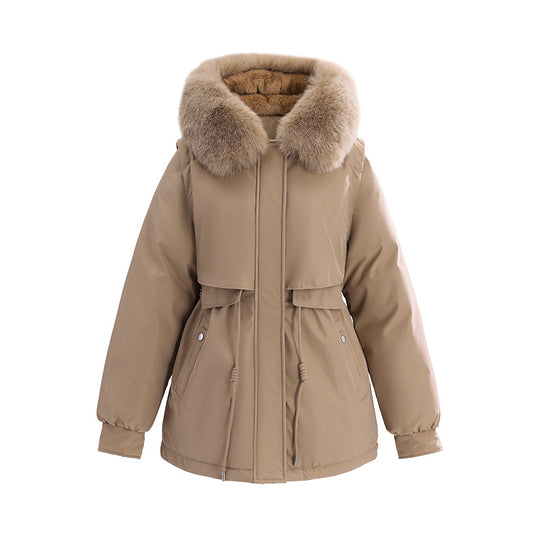 Damen nan kurzer urbaner Thermoparka mit luxuriösem abnehmbarem Pelzkragen und multifunktionalen Taschen EB