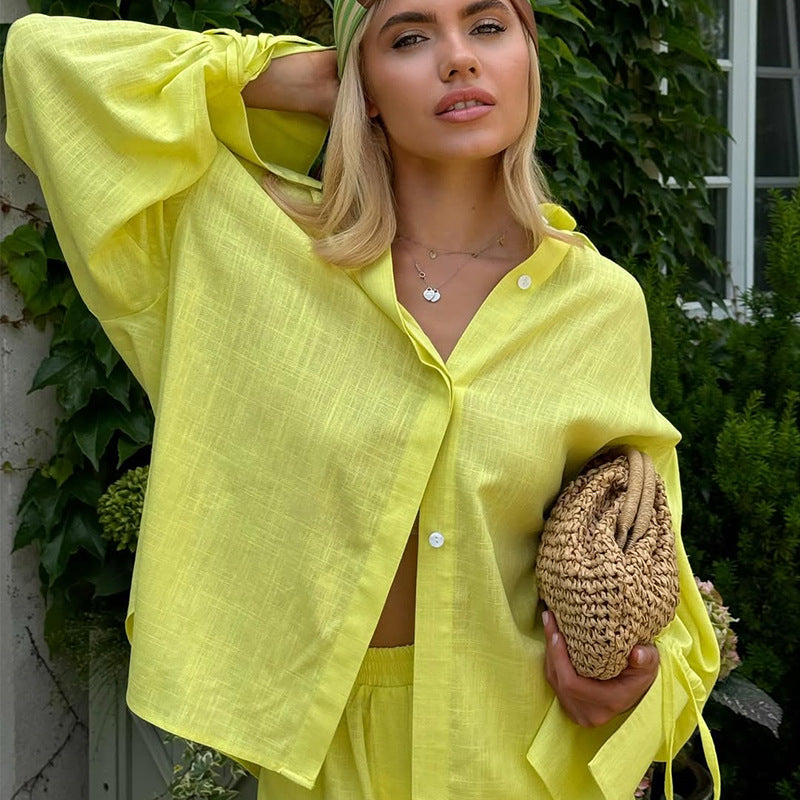 Damen Leichte Leinen-Loungewear-Kombination mit lässiger Short und oversized Hemd EB