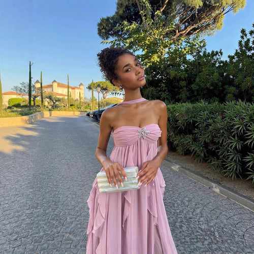 Damen Abendkleid mit fließendem Rock und verspielten Rüschen EB