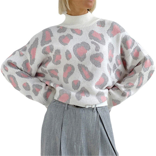 Damen Oversize Rollkragenpullover mit Leo-Jacquard und Rippbündchen EB