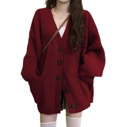 Damen Grobstrickjacke mit großen Taschen und Knopfdetails EB