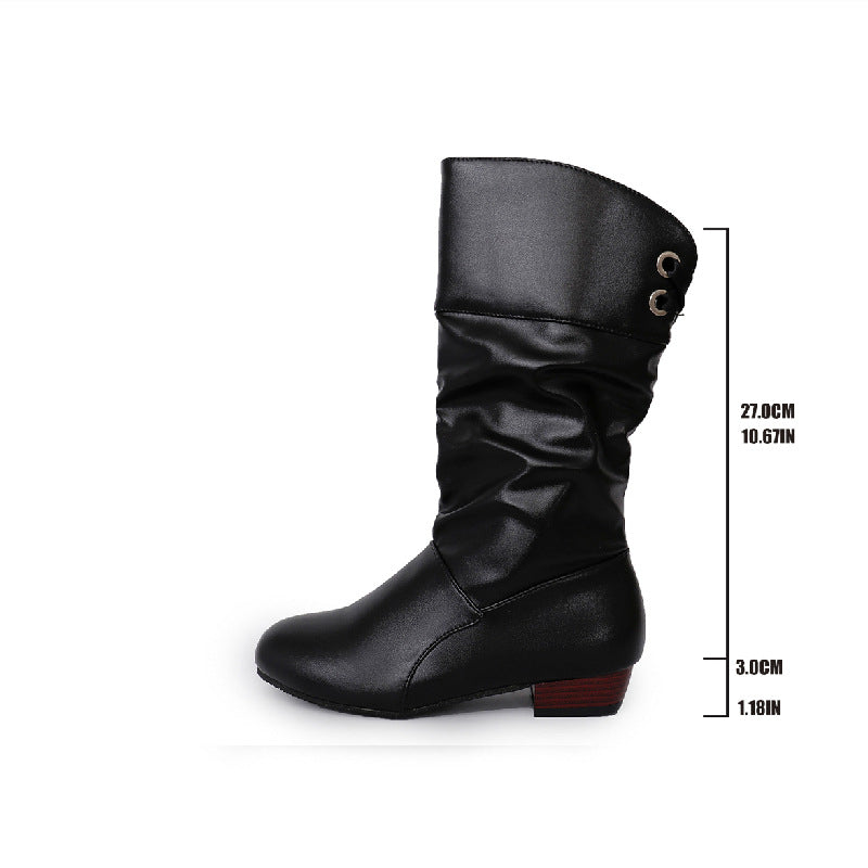 Damen nan midi Stiefel mit gerafftem Schaft, weichem Kunstleder und niedrigem Blockabsatz EB