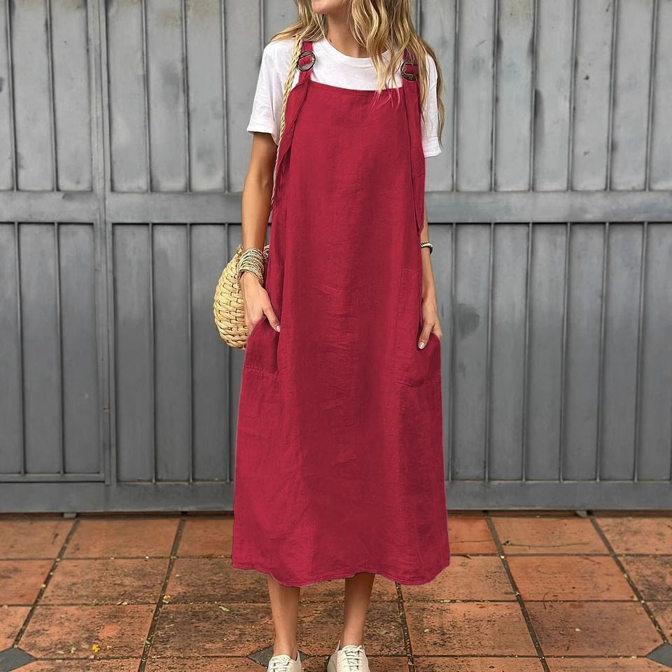 Damen Leichte Leinenkleid mit Taschen EB