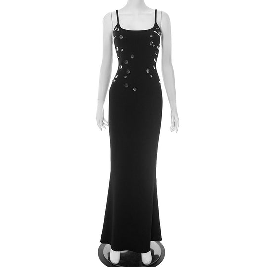 Damen figurbetontes Maxikleid mit schickem Spaghettiträger-Design und elegantem Glitzerakzent EB