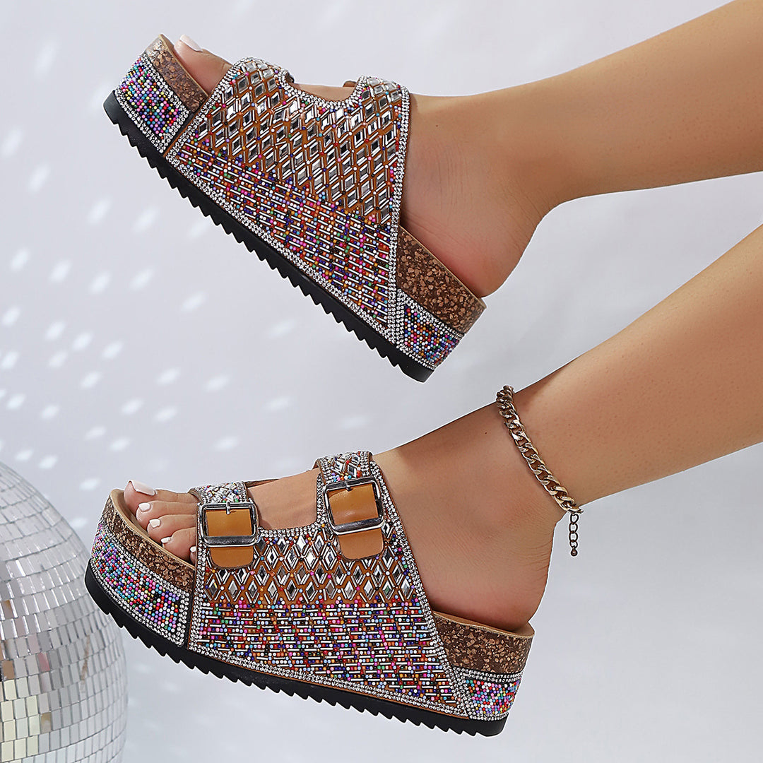 Damen Glamouröse Plateau-Sandalen mit verzierten Schnallen und rutschfester Sohle EB