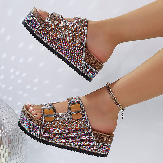 Damen Glamouröse Plateau-Sandalen mit verzierten Schnallen und rutschfester Sohle EB