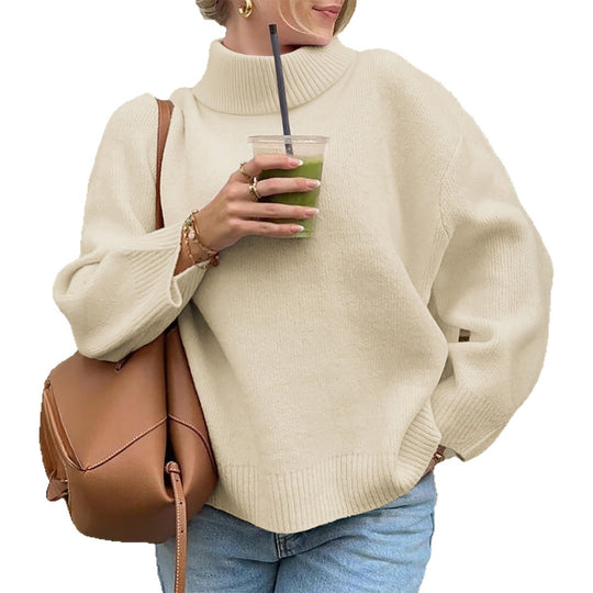 Damen nan oversize Rollkragenpullover mit breitem Rippkragen, voluminösen Ballonärmeln und verlängertem Bündchen EB