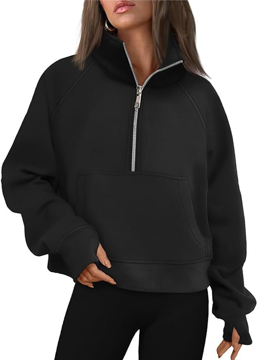 Damen nan cropped Halbzip-Sweatshirt mit hohem Stehkragen, Kängurutasche und überschnittener Schulter EB