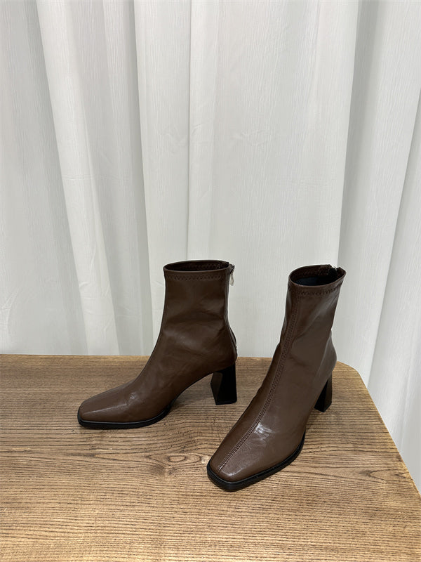 Damen Trendige Ankle Boots mit hohem Blockabsatz und edler Lederoberfläche EB