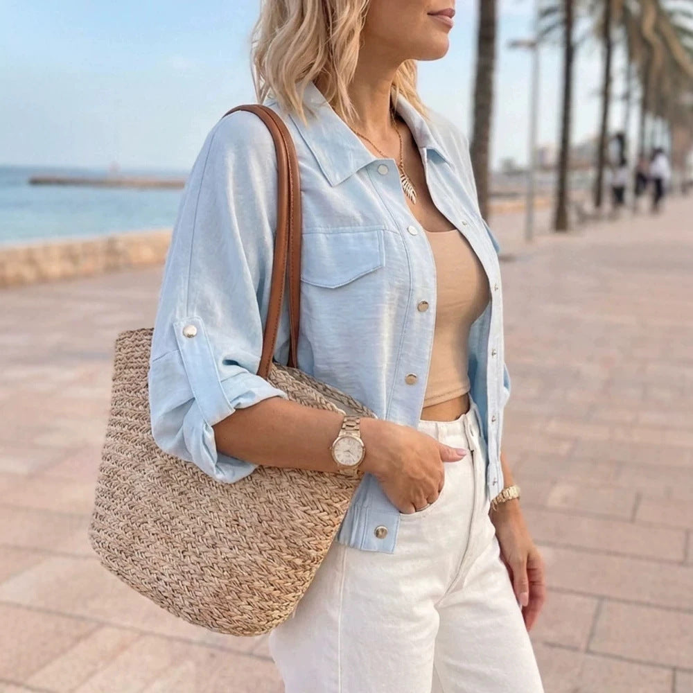 Damen Leichte Chambray-Boxy-Jacke mit Gummibund, Druckknöpfen und aufgesetzten Brusttaschen EB
