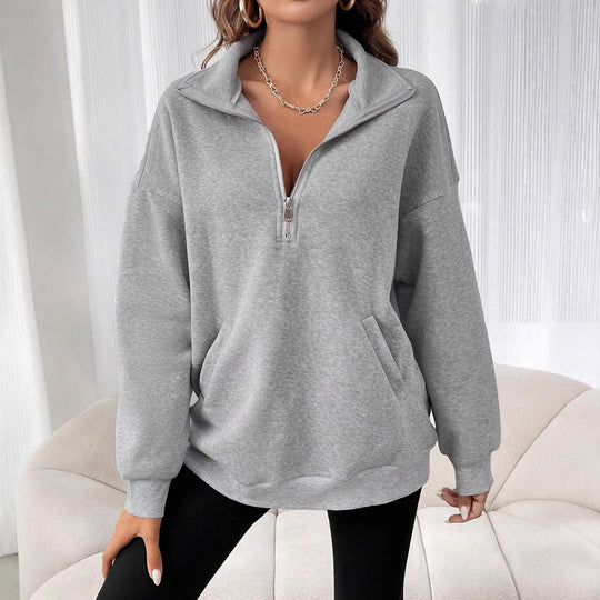 Damen Freizeitlicher Pullover mit kurzem Reißverschluss und Kängurutasche EB