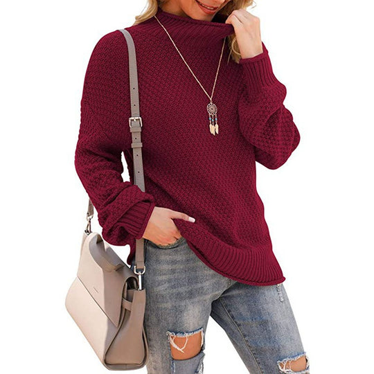 Damen Grobstrickpullover mit hohem Kragen und bequemen Ärmeln EB