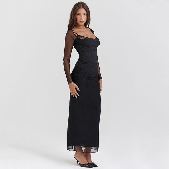 Damen Elegantes unifarbene langes Abendkleid mit transparenten Ärmeln EB