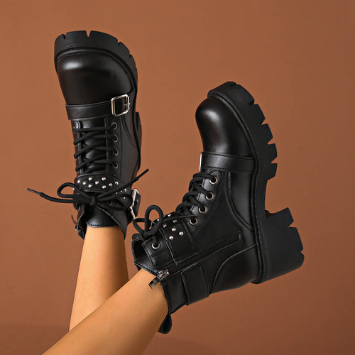 Damen nan robuste Schnür-Bikerboots mit Ziernietriemen, seitlichem Reißverschluss und profilierter Plateausohle EB