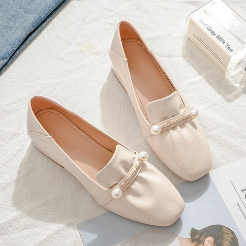 Damen Elegante Ballerinas mit modischem Perlenschmuck und komfortablem Blockabsatz EB
