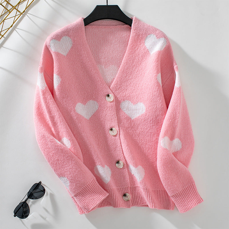 Damen modische Strickjacke mit Herzmotiven und Knöpfen EB