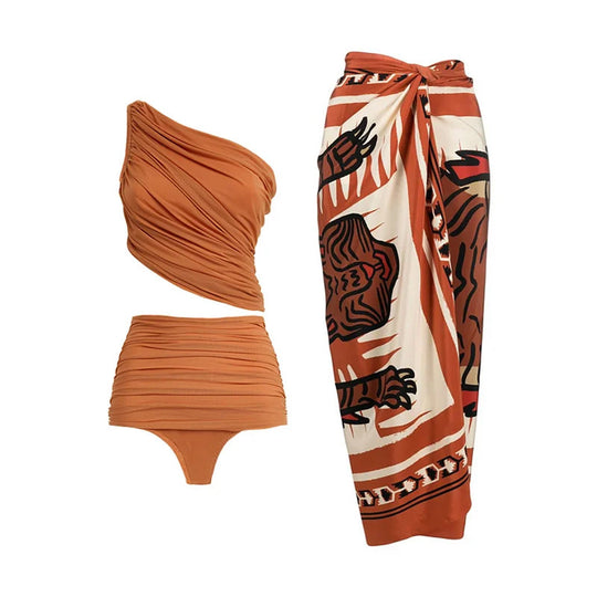 Damen Hochtaillierter Bikini mit asymmetrischem Oberteil und Wickelrock EB