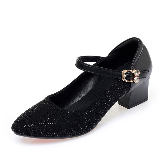Damen Elegante Mary Jane Pumps mit funkelndem Strassbesatz und komfortablem Blockabsatz EB
