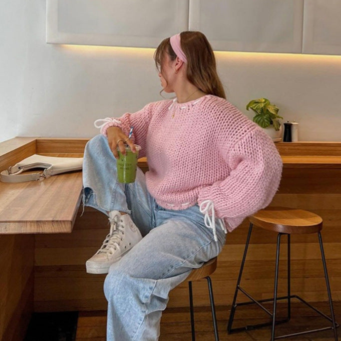 Damen lässiger Pullover mit offener Schulter und dekorativem Bindegürtel EB