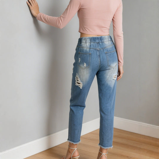 Damen nan lockere Destroyed-Denim Jogger mit elastischem Kordelbund und ausgefranstem Knöchelabschluss EB