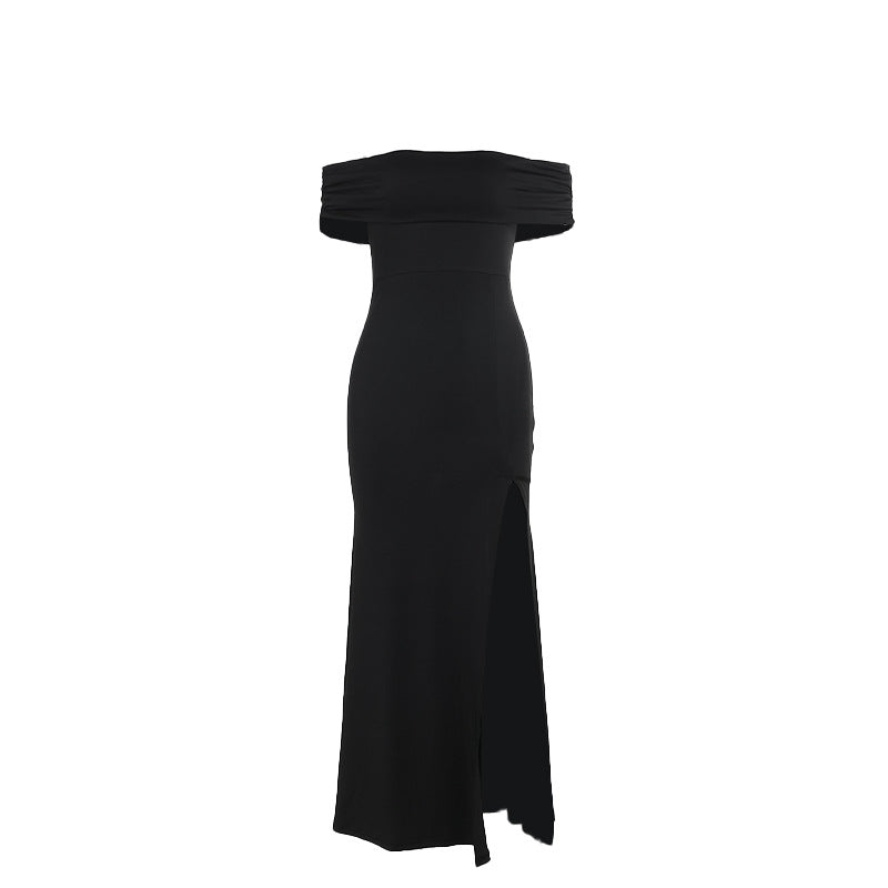 Damen Maxi-Kleid mit schulterfreiem Design und elegantem Schlitz EB