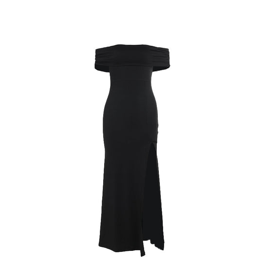 Damen Maxi-Kleid mit schulterfreiem Design und elegantem Schlitz EB