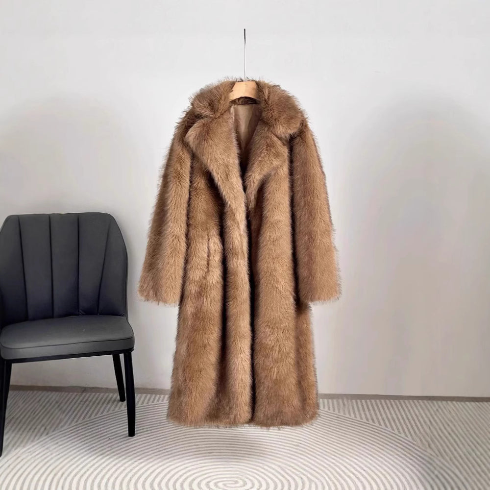 Damen Eleganter Pelzmantel mit großen Taschen EB
