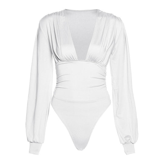 Damen Eleganter Langarm-Bodysuit mit V-Ausschnitt EB