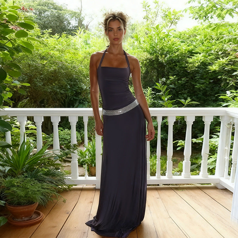 Damen elegantes Maxikleid mit schimmerndem Halterdesign und glitzerndem Taillengürtel EB