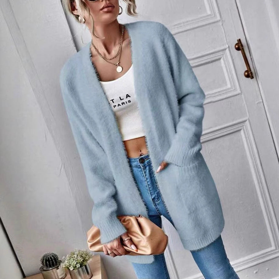 Damen Flauschiger Offener Cardigan aus weichem Material EB