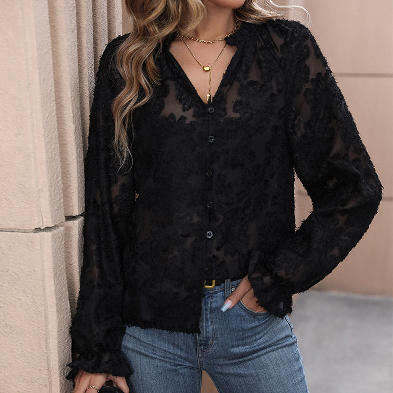 Damen Transparente Chiffon-Bluse mit floraler Flockapplikation, Knopfleiste und Rüschenmanschetten EB