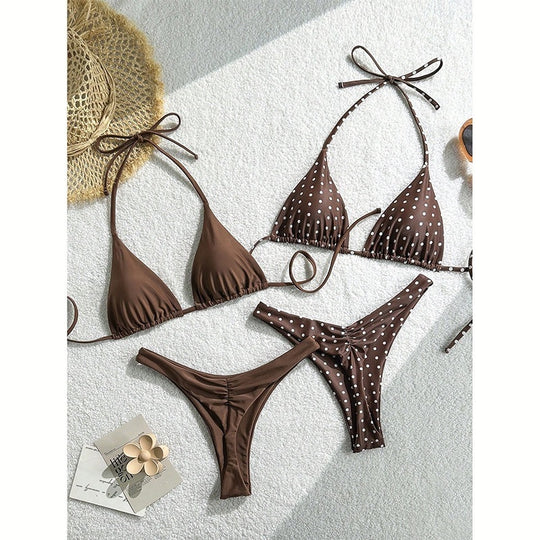 Damen Triangel-Bikini-Set mit verstellbaren Trägern und fröhlichem Punktedesign EB