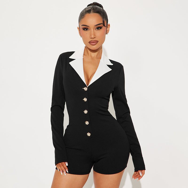 Damen modischer Jumpsuit mit tiefem V-Ausschnitt und eleganter Kragen EB