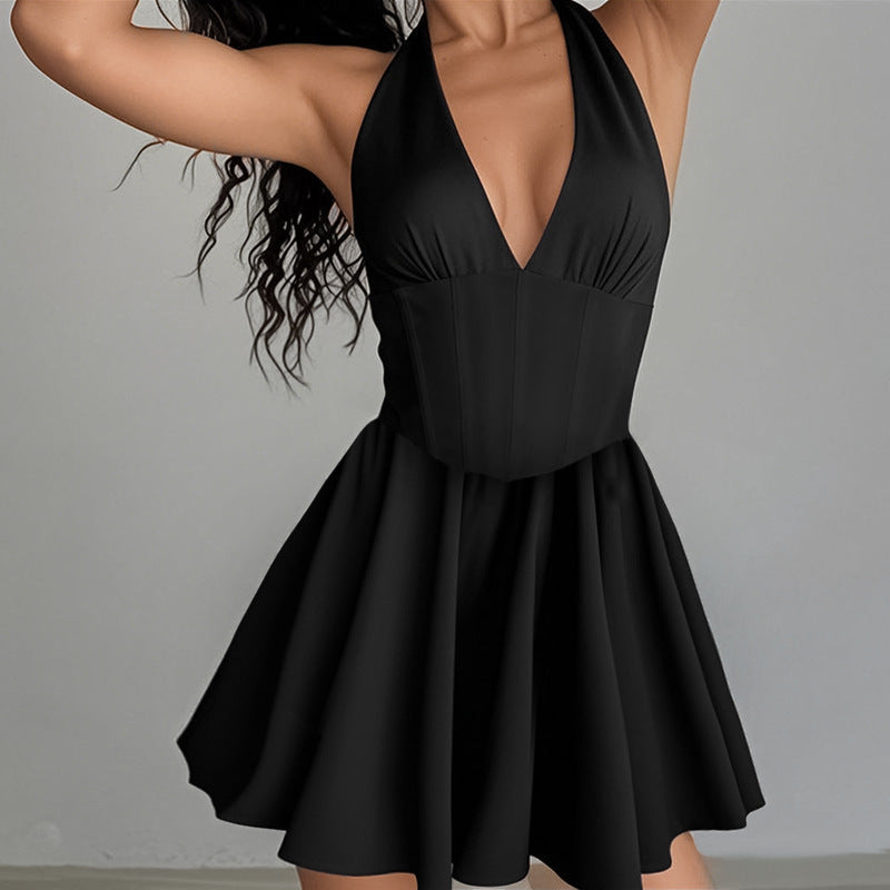 Damen Elegantes Figurbetontes Freizeitkleid mit V-Ausschnitt und ausgestelltem Rock EB