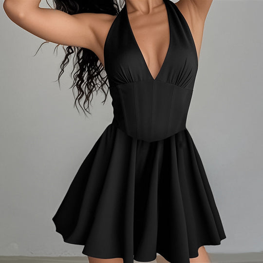 Damen Elegantes Figurbetontes Freizeitkleid mit V-Ausschnitt und ausgestelltem Rock EB