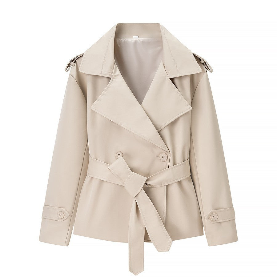 Damen nan kurzer taillierter Trenchcoat mit Bindegürtel, großem Revers und Manschettenriegel EB