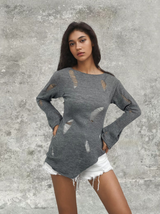 Damen Modischer Strickpullover mit dezenten Lochmuster und lässigem Schnitt EB