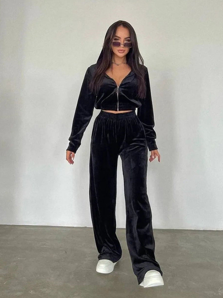 Damen nan Cropped Velours-Joggingset mit halbem Reißverschluss, gerafftem Komfortbund und breiten Bündchen EB