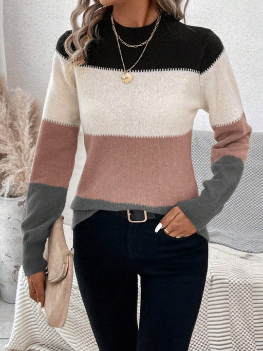 Damen Rundhals Strickpullover mit modernen Farbkombinationen EB