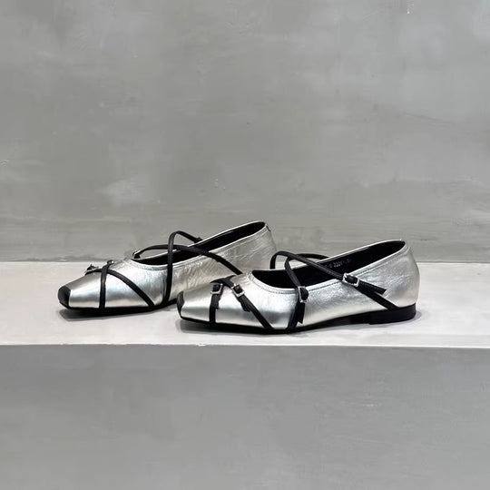 Damen elegante Ballerinas mit modischen Riemchen und exquisite Schnallenverzierung EB