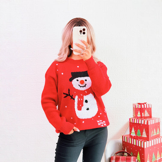Damen Weihnachts-Pullover mit festlichem Schneemann-Motiv und gemütlichem Schnitt EB
