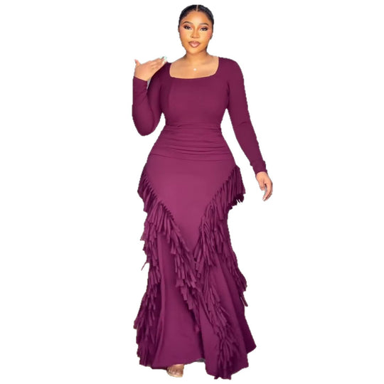 Damen Langarm Maxikleid mit voluminösen Fransen und figurbetontem Schnitt EB