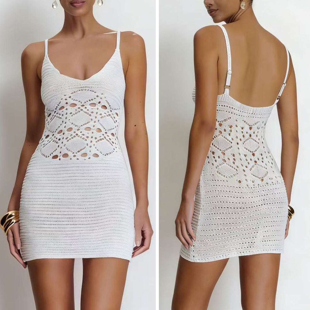 Damen Häkel-Strandkleid mit tiefem V-Ausschnitt und raffiniertem Netzdesign EB