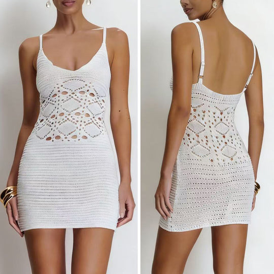 Damen Häkel-Strandkleid mit tiefem V-Ausschnitt und raffiniertem Netzdesign EB
