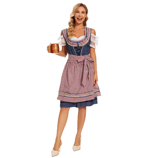 Damen nan traditionelles Trachtenkleid mit Schnürmieder, Spitzenärmeln und karierter Schürze EB
